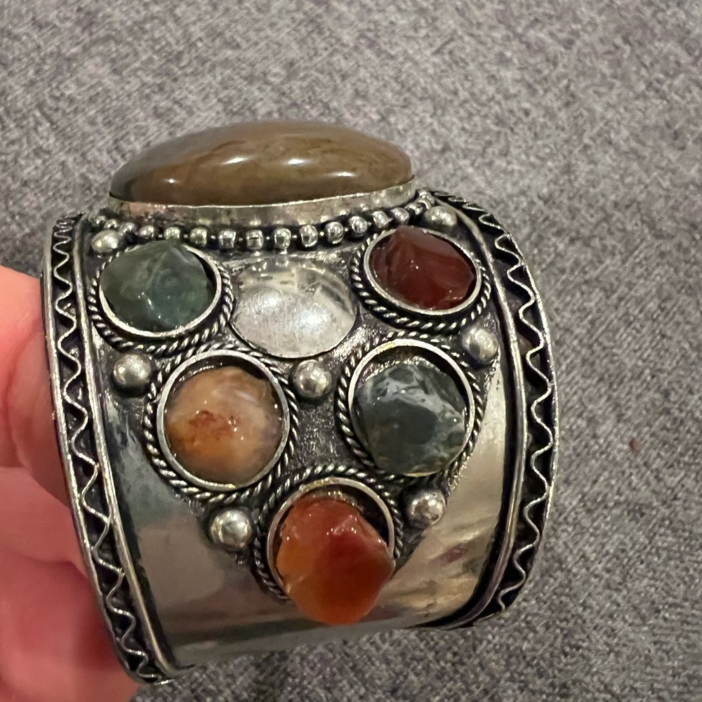 Beautiful Multi Colored Stone Silver Cuff Bracelet - image 6